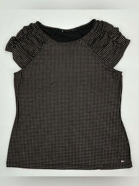 Tommy Hilfiger Black with Gold Polk a Dot Pattern and Ruffle Sleeves Blouse